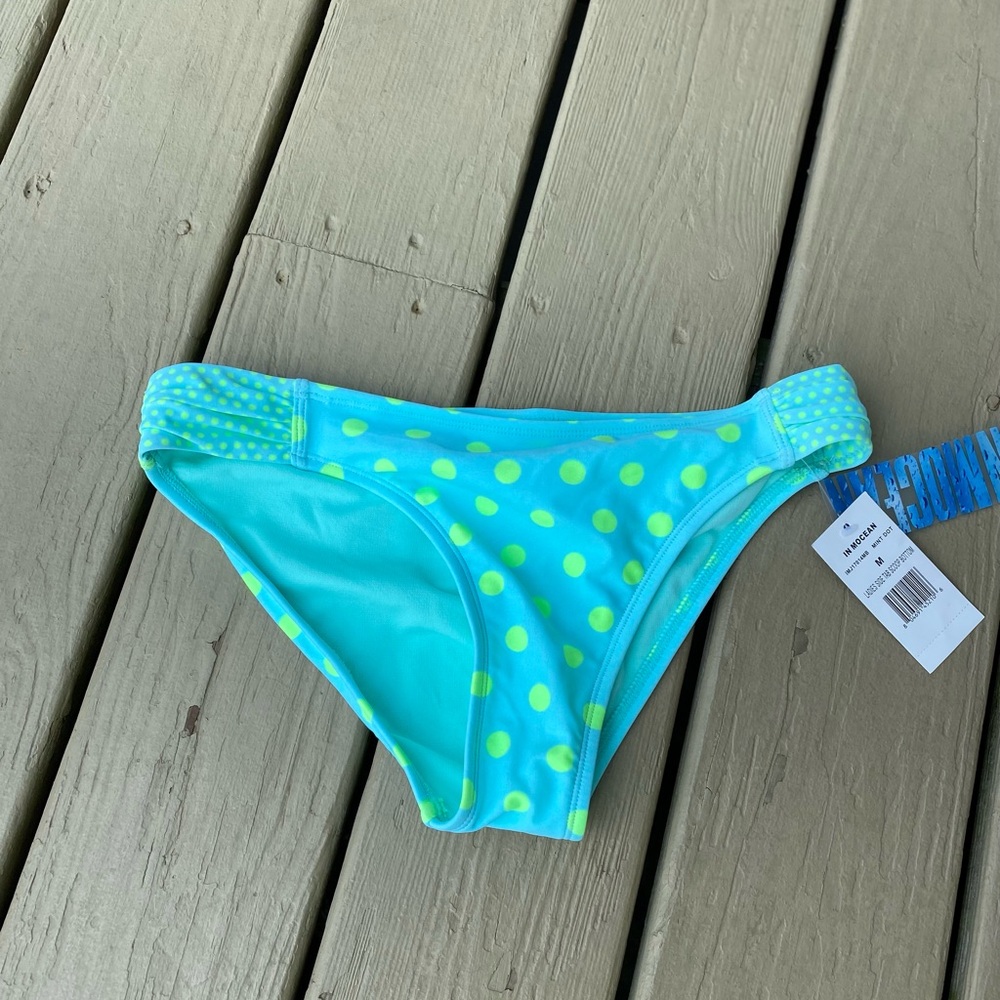 NWT In Mocean - Woman’s pastel teal/chartreuse polka dot bikini bottom Size: M